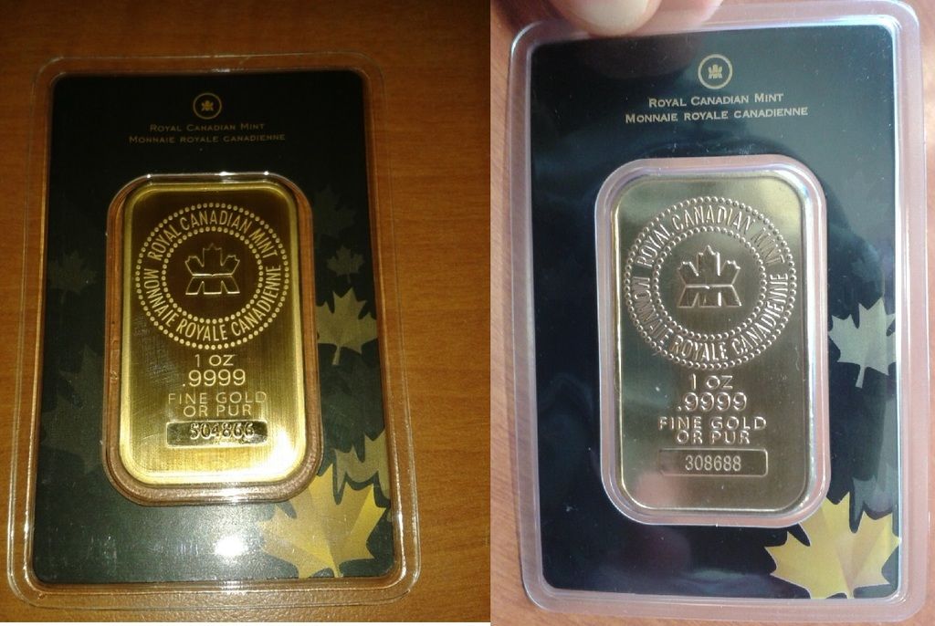 Scary good Fake 1 oz gold Royal Canadian Mint bars in Assay cards